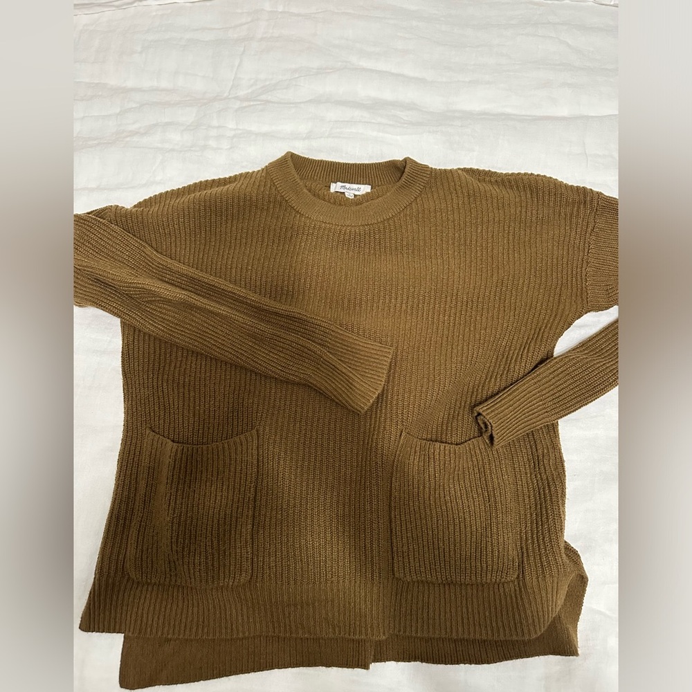 Tan Ribbed Knit Sweater with Pockets